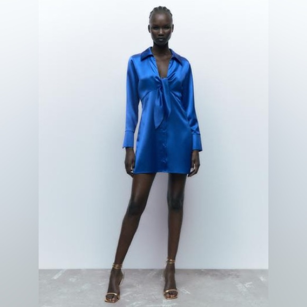 NWOT Zara Satin Knotted Dress - Blue, S